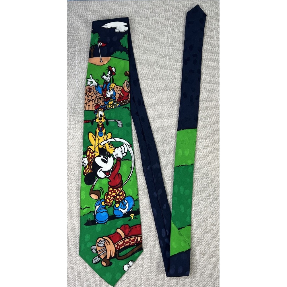 The Disney Store Tie Mickey Mouse Golfing Goofy Pluto Multicolored 100% Silk
